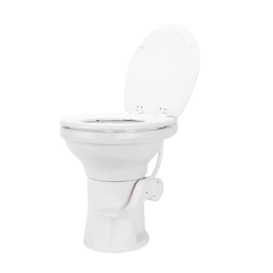 Camco Premium Ceramic Camper/RV Toilet - Features Gravity Flush System w/Convenient Foot Pedal - Full-Sized Ergonomic Design w/18" Chair Height - Soft-Close Wood Seat & Lid - White (41710)