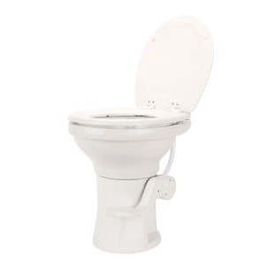 Camco Premium Ceramic Camper/RV Toilet - Features Gravity Flush System w/Convenient Foot Pedal - Full-Sized Ergonomic Design w/18" Chair Height - Soft-Close Wood Seat & Lid - Bone (41715)